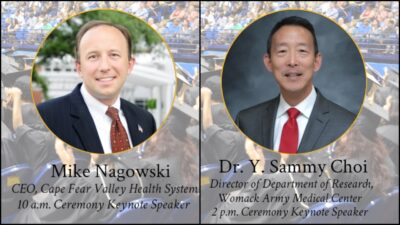 Graphic depicting head-and-shoulders photos of two men in suits on a background of graduates.