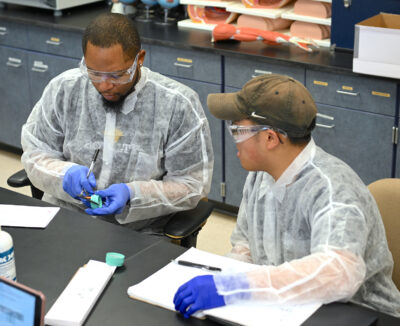 Two students wearing lab coats and safety glasses work 
