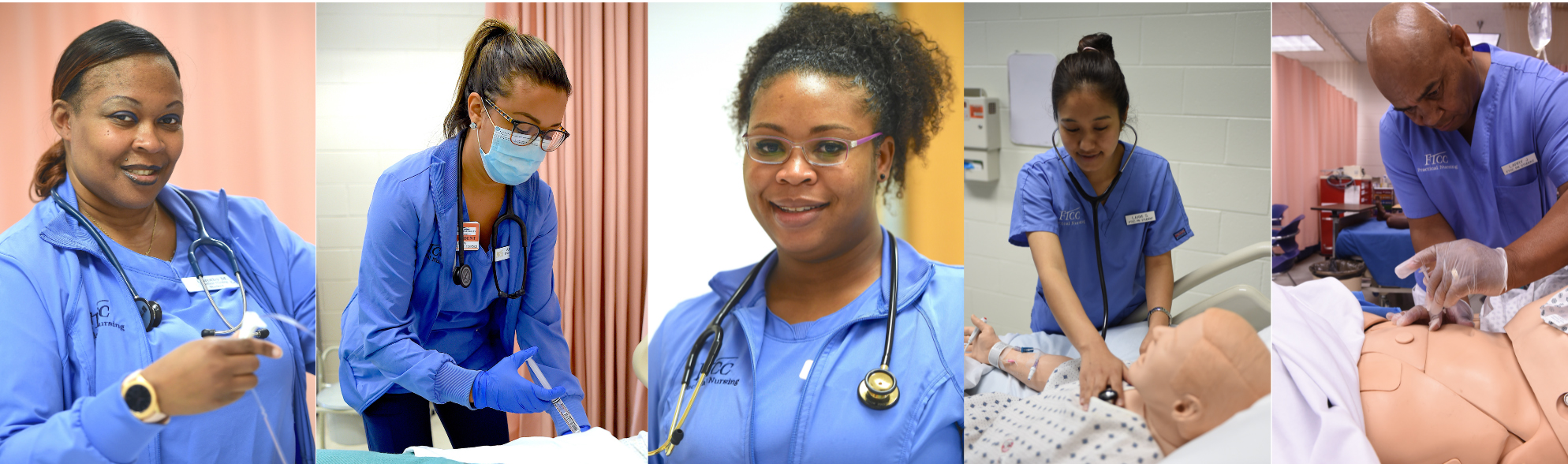 Three nursing students in blue scrubs studying together at a table with books and notes in a classroom or lab setting.