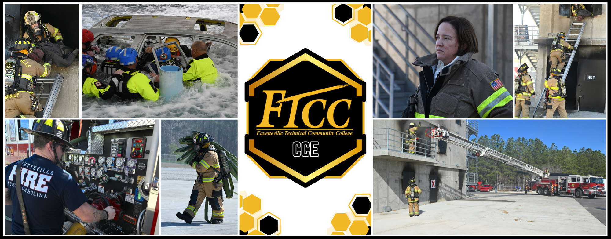  A collage showcasing firefighter training activities at Fayetteville Technical Community College's Center for Continuing Education (CCE).